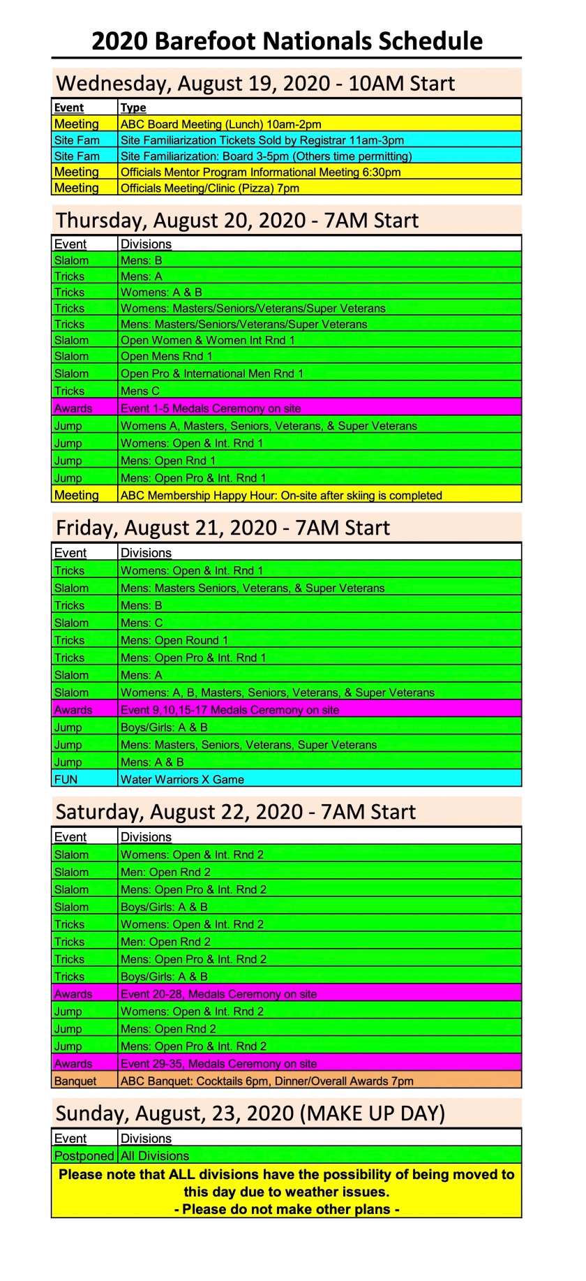 2020 Barefoot Nationals Schedule